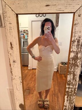Strapless Twist-Front Cream Midi Dress